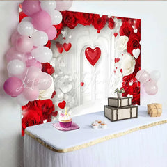 Lofaris White Arch Door Floral Backdrop Red and White Roses for Valentine’s Day Wedding Romantic Photography Studio Background