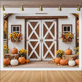 Lofaris White Barn Autumn Harvest Photography Backdrop with Pumpkins and Sunflowers Rustic Farmhouse Background for Fall Photoshoot