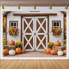 Lofaris White Barn Autumn Harvest Photography Backdrop with Pumpkins and Sunflowers Rustic Farmhouse Background for Fall Photoshoot