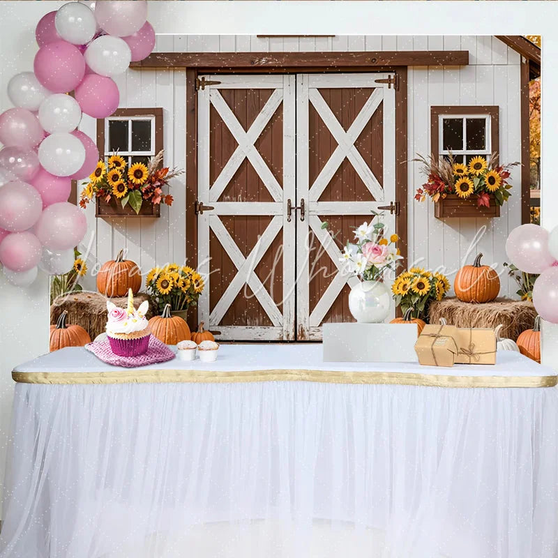 Lofaris White Barn Autumn Harvest Photography Backdrop with Pumpkins and Sunflowers Rustic Farmhouse Background for Fall Photoshoot