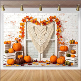 Lofaris White Brick Wall Autumn Photography Backdrop with Pumpkins and Macrame Fall Leaves Garland Rustic Studio Background for Photoshoot