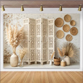 Lofaris White Brick Wall Boho Photography Backdrop with Carved Screen and Pampas Grass Natural Rustic Background for Photo