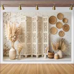 Lofaris White Brick Wall Boho Photography Backdrop with Carved Screen and Pampas Grass Natural Rustic Background for Photo