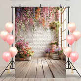 Lofaris White Brick Wall Floral Backdrop Hanging Flower Vine and Potted Plants for Garden Party