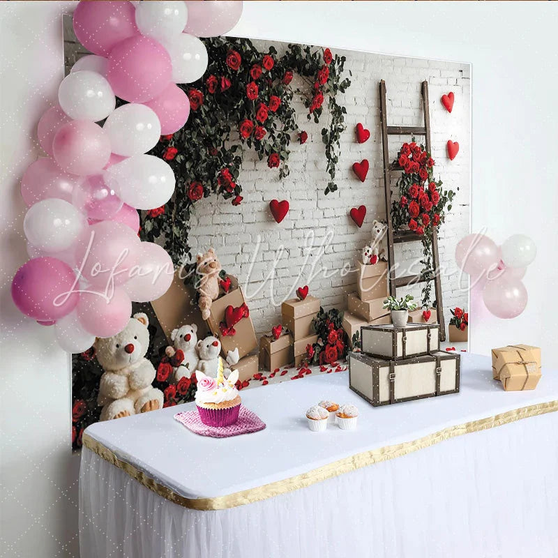 Lofaris White Brick Wall Red Roses and Hearts Holiday Backdrop Teddy Bears Wooden Ladder and Boxes Decor