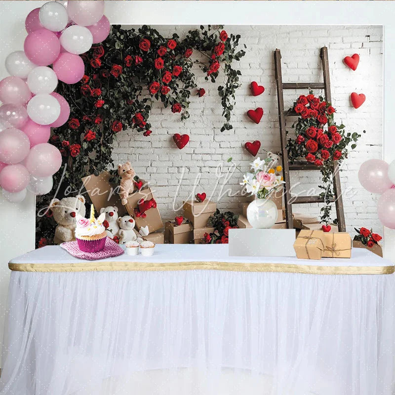Lofaris White Brick Wall Red Roses and Hearts Holiday Backdrop Teddy Bears Wooden Ladder and Boxes Decor