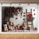 Lofaris White Brick Wall Red Roses and Hearts Holiday Backdrop Teddy Bears Wooden Ladder and Boxes Decor