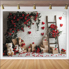 Lofaris White Brick Wall Red Roses and Hearts Holiday Backdrop Teddy Bears Wooden Ladder and Boxes Decor