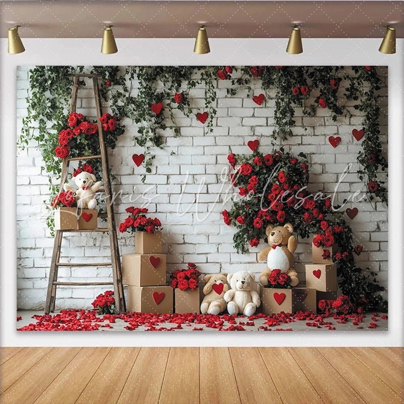 Lofaris White Brick Wall with Red Roses Green Vines and Hearts Valentine’s Day Backdrop Teddy Bears and Ladder Decor
