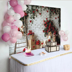 Lofaris White Brick Wall with Red Roses Green Vines and Hearts Valentine’s Day Backdrop Teddy Bears and Ladder Decor