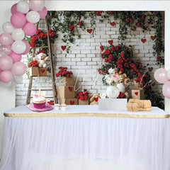 Lofaris White Brick Wall with Red Roses Green Vines and Hearts Valentine’s Day Backdrop Teddy Bears and Ladder Decor
