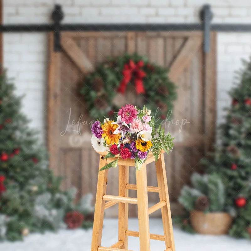 Lofaris White Brick Wood Wreath Door Tree Christmas Backdrop