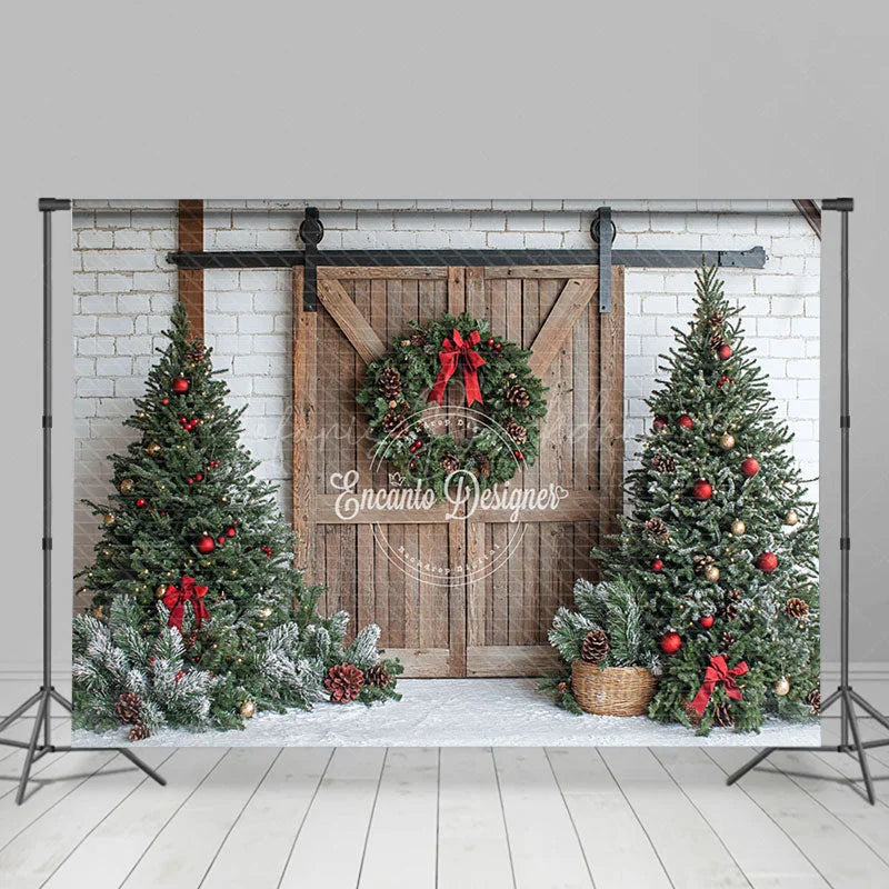 Lofaris White Brick Wood Wreath Door Tree Christmas Backdrop