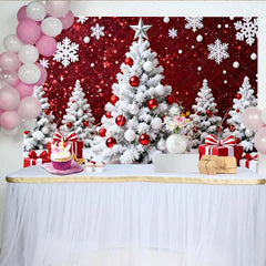 Lofaris White Christmas Tree and Snowflakes Red Glitter Christmas Backdrop Festive Winter Wonderland Background for Holiday Party Decoration