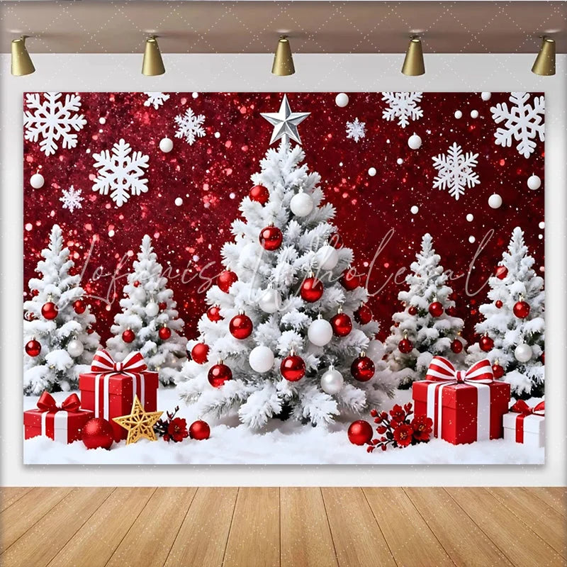 Lofaris White Christmas Tree and Snowflakes Red Glitter Christmas Backdrop Festive Winter Wonderland Background for Holiday Party Decoration