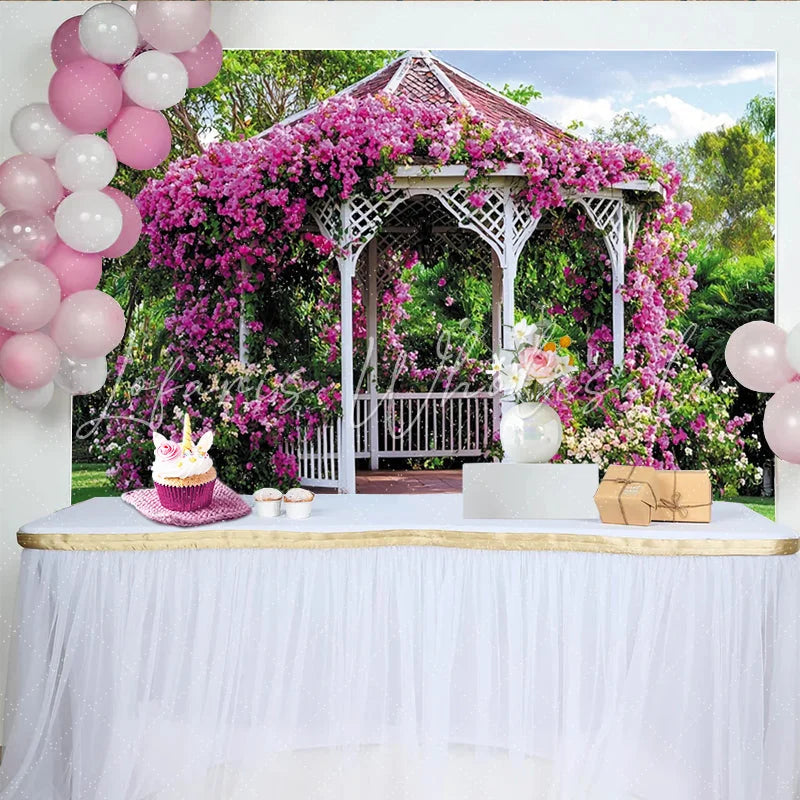 Lofaris White Gazebo Floral Photography Backdrop with Pink Bougainvillea Beautiful Garden Background for Wedding and Party Decor