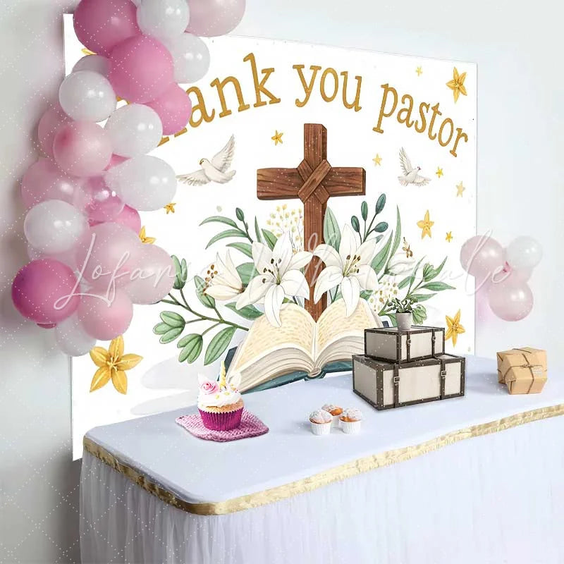 Lofaris White Lily Cross Bible Thank You Pastor Backdrop Church Appreciation Event Decorations Photography Background