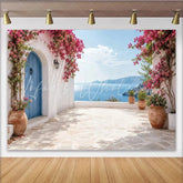 Lofaris White Mediterranean Photography Backdrop with Blue Door and Pink Bougainvillea Scenic Sea View Background for Vacation and Party