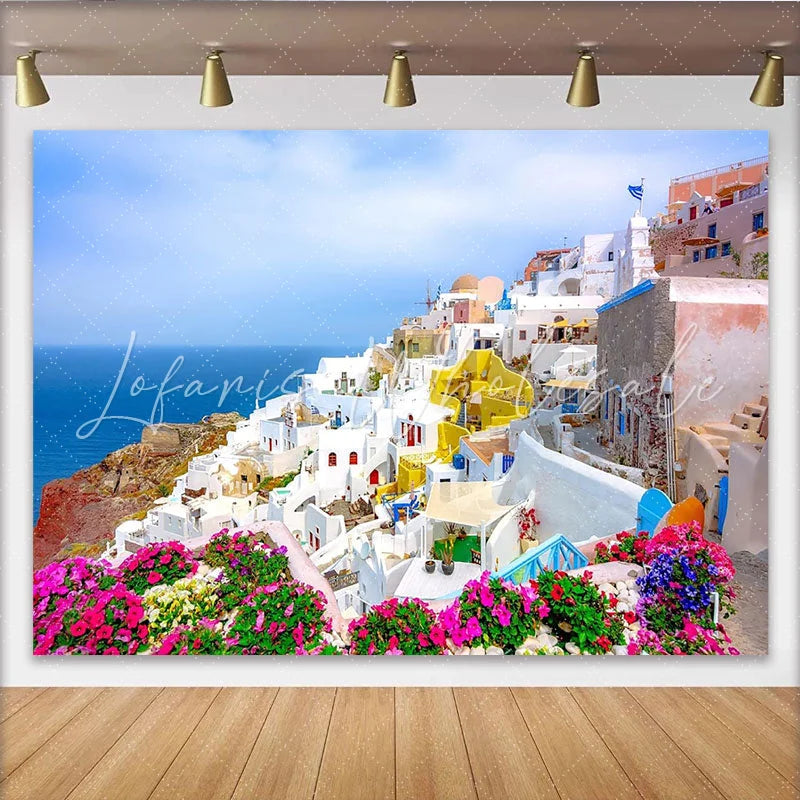 Lofaris White Mediterranean Village Photography Backdrop Blue Sea and Vibrant Flowers Scenic Background for Travel Photoshoot