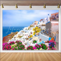 Lofaris White Mediterranean Village Photography Backdrop Blue Sea and Vibrant Flowers Scenic Background for Travel Photoshoot