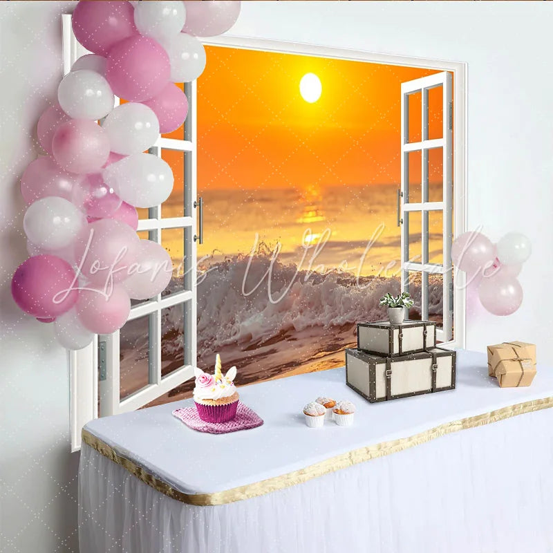 Lofaris White Open Window Ocean Sunset Photography Backdrop with Crashing Waves Vibrant Seascape Background for Studio Photoshoot