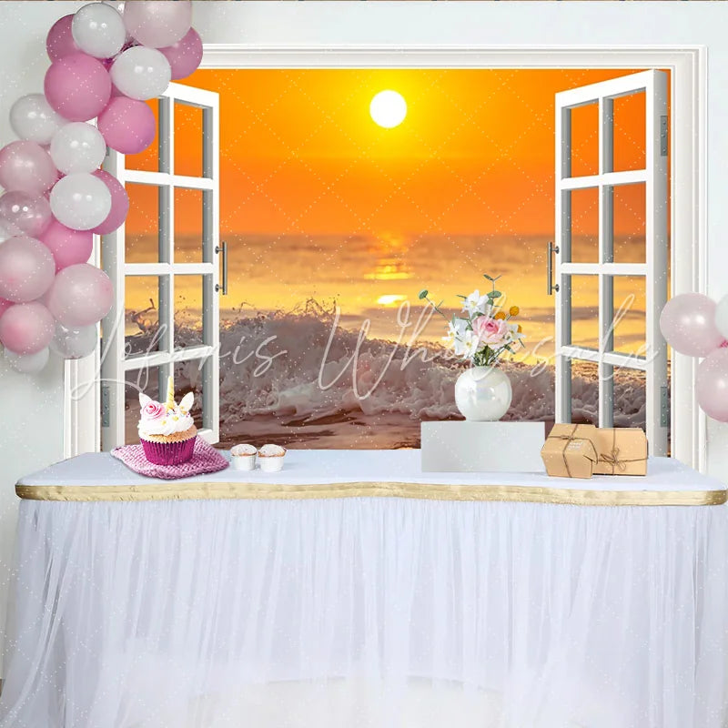 Lofaris White Open Window Ocean Sunset Photography Backdrop with Crashing Waves Vibrant Seascape Background for Studio Photoshoot