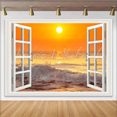 Lofaris White Open Window Ocean Sunset Photography Backdrop with Crashing Waves Vibrant Seascape Background for Studio Photoshoot