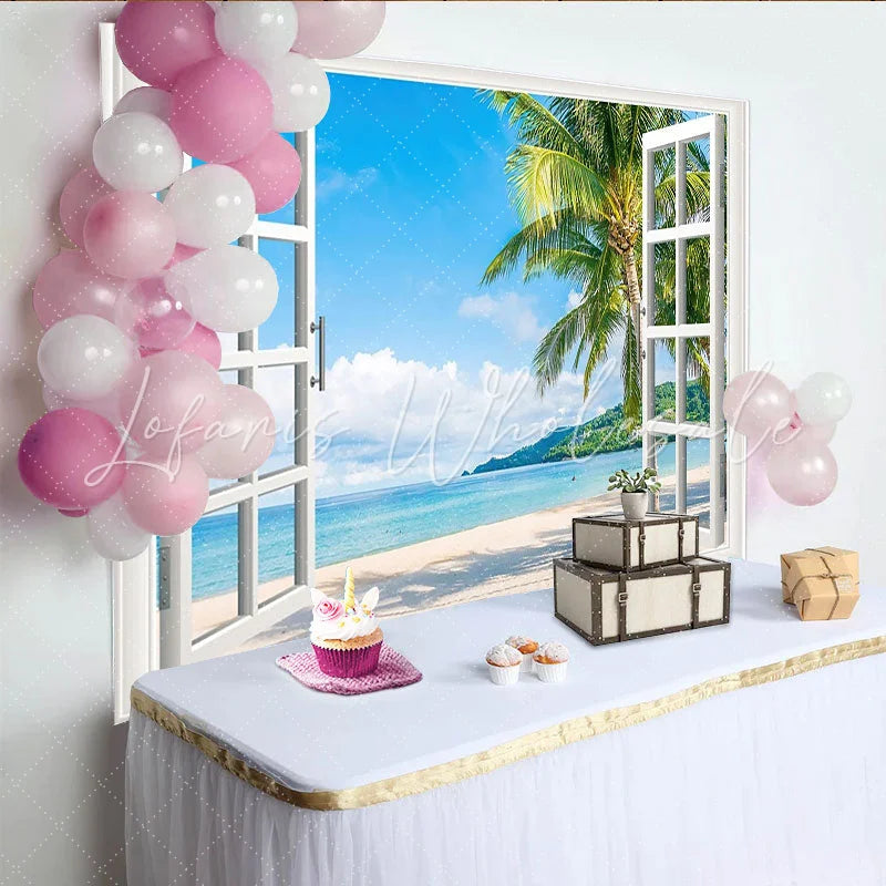 Lofaris White Open Window View Tropical Beach Photography Backdrop Scenic Ocean Background for Summer Vacation Photoshoot