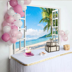 Lofaris White Open Window View Tropical Beach Photography Backdrop Scenic Ocean Background for Summer Vacation Photoshoot