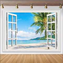 Lofaris White Open Window View Tropical Beach Photography Backdrop Scenic Ocean Background for Summer Vacation Photoshoot
