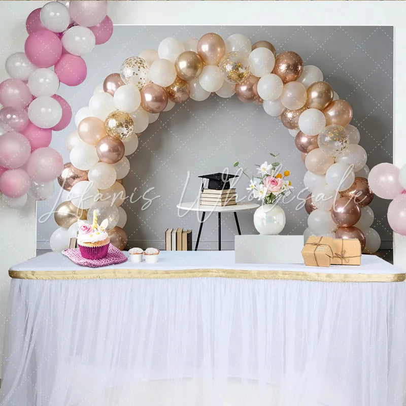 Lofaris White Rose Gold Graduation Backdrop with Balloons and Cap Elegant Photo Background for College and High School Party Decor