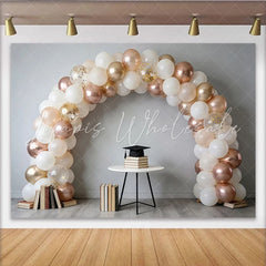 Lofaris White Rose Gold Graduation Backdrop with Balloons and Cap Elegant Photo Background for College and High School Party Decor