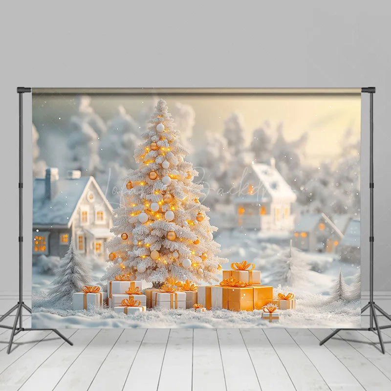 Lofaris White Snowy Field Town Gold Light Christmas Backdrop