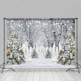Lofaris White Snowy Forest Scene Fence Xmas Trees Backdrop