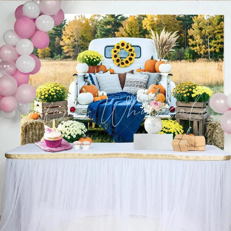 Lofaris White Truck Autumn Harvest Holiday Backdrop with Pumpkins and Mums Rustic Fall Photography Background for Thanksgiving Party Decor