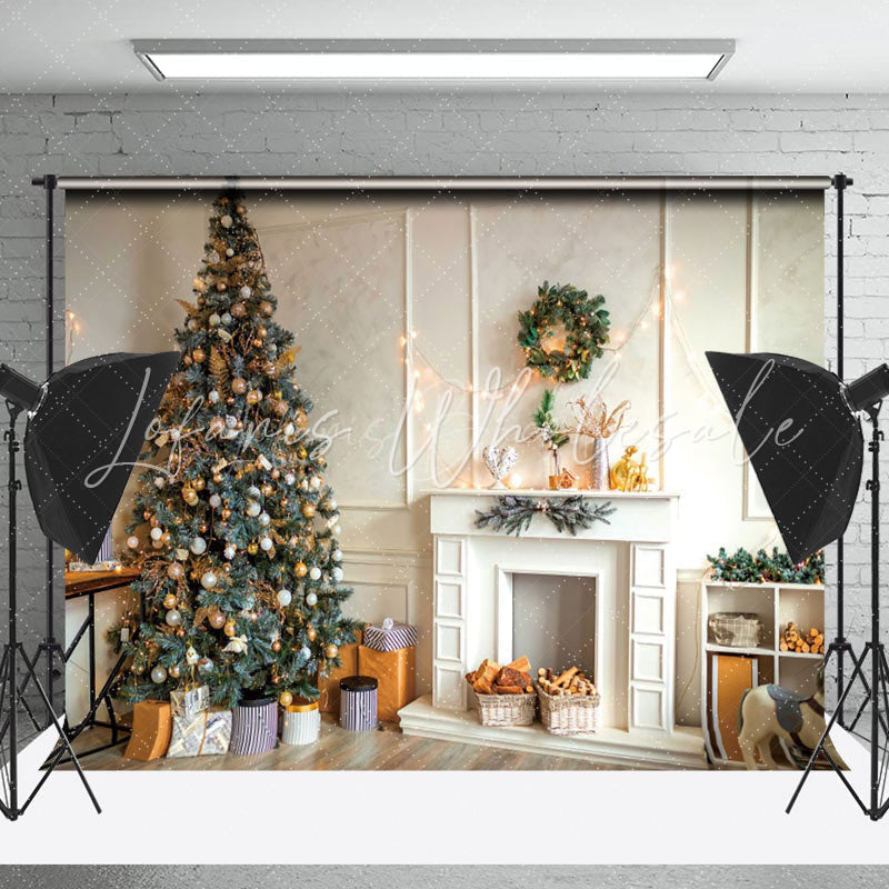 Lofaris White Wall Fireplace Pine Tree Christmas Backdrop