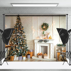 Lofaris White Wall Fireplace Pine Tree Christmas Backdrop
