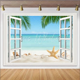Lofaris White Window Beach Photography Backdrop with Starfish and Palm Trees Ocean Seascape Background for Summer Vacation Photoshoot