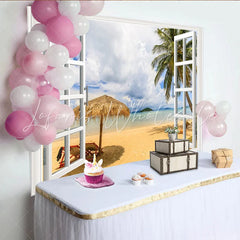 Lofaris White Window Frame Tropical Beach Photography Backdrop Scenic Ocean View Background for Summer Vacation Photoshoot