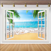 Lofaris White Window Frame Tropical Beach Photography Backdrop Scenic Ocean View Background for Studio and Party Decor