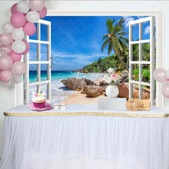 Lofaris White Window Frame Tropical Beach Photography Backdrop Scenic Palm Trees and Blue Ocean Summer Vacation Background