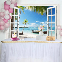 Lofaris White Window Frame Tropical Beach Photography Backdrop Vibrant Palm Tree Ocean Background for Studio Photoshoot