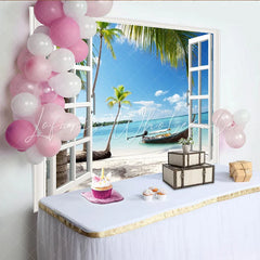 Lofaris White Window Frame Tropical Beach Photography Backdrop Vibrant Palm Tree Ocean Background for Studio Photoshoot