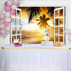 Lofaris White Window Frame Tropical Beach Sunset Photography Backdrop Scenic Ocean View Background for Studio Photoshoot