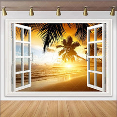 Lofaris White Window Frame Tropical Beach Sunset Photography Backdrop Scenic Ocean View Background for Studio Photoshoot
