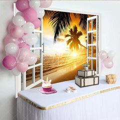 Lofaris White Window Frame Tropical Beach Sunset Photography Backdrop Scenic Ocean View Background for Studio Photoshoot