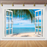 Lofaris White Window View Beach Photography Backdrop with Palm Tree and Blue Ocean Tropical Summer Background for Studio Photoshoot
