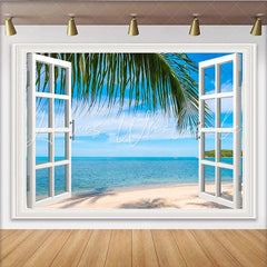 Lofaris White Window View Beach Photography Backdrop with Palm Tree and Blue Ocean Tropical Summer Background for Studio Photoshoot