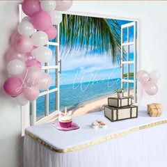 Lofaris White Window View Beach Photography Backdrop with Palm Tree and Blue Ocean Tropical Summer Background for Studio Photoshoot