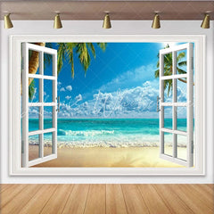 Lofaris White Window View Photography Backdrop with Tropical Beach and Blue Ocean Summer Vacation Photo Studio Background for Party Decor